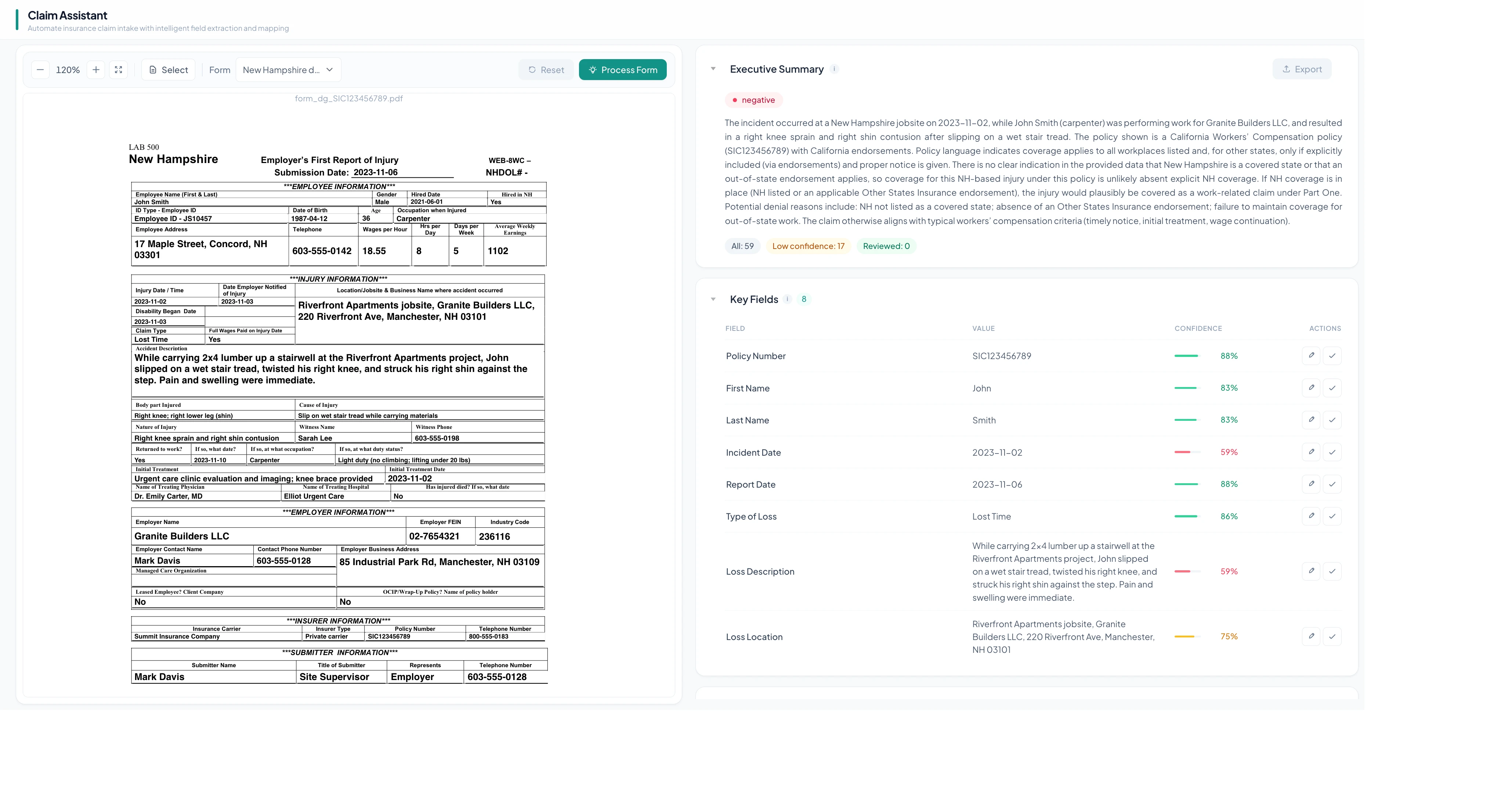 Claim Assistant processing a digital New Hampshire claim form