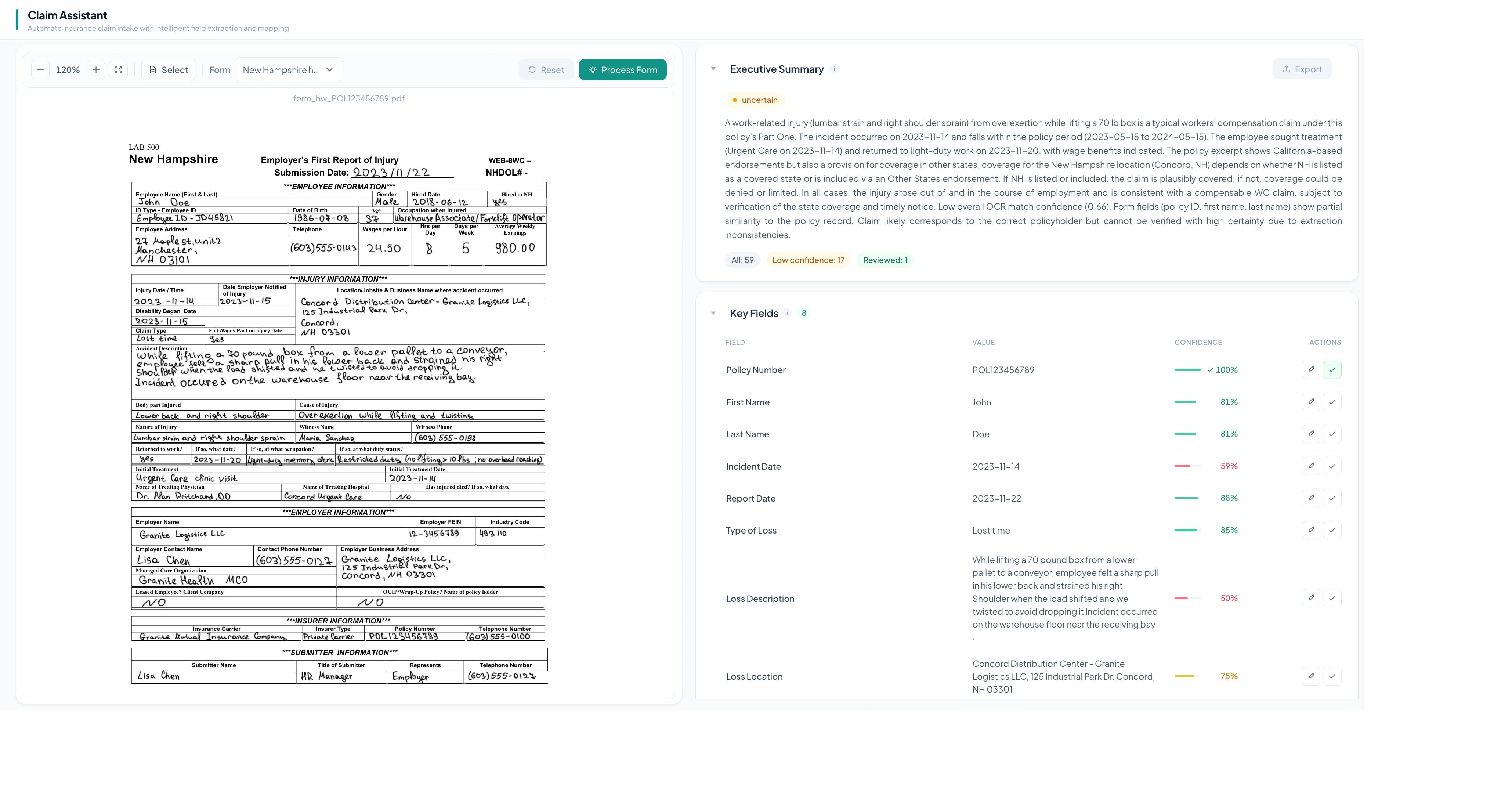 Claim Assistant processing a handwritten New Hampshire claim form