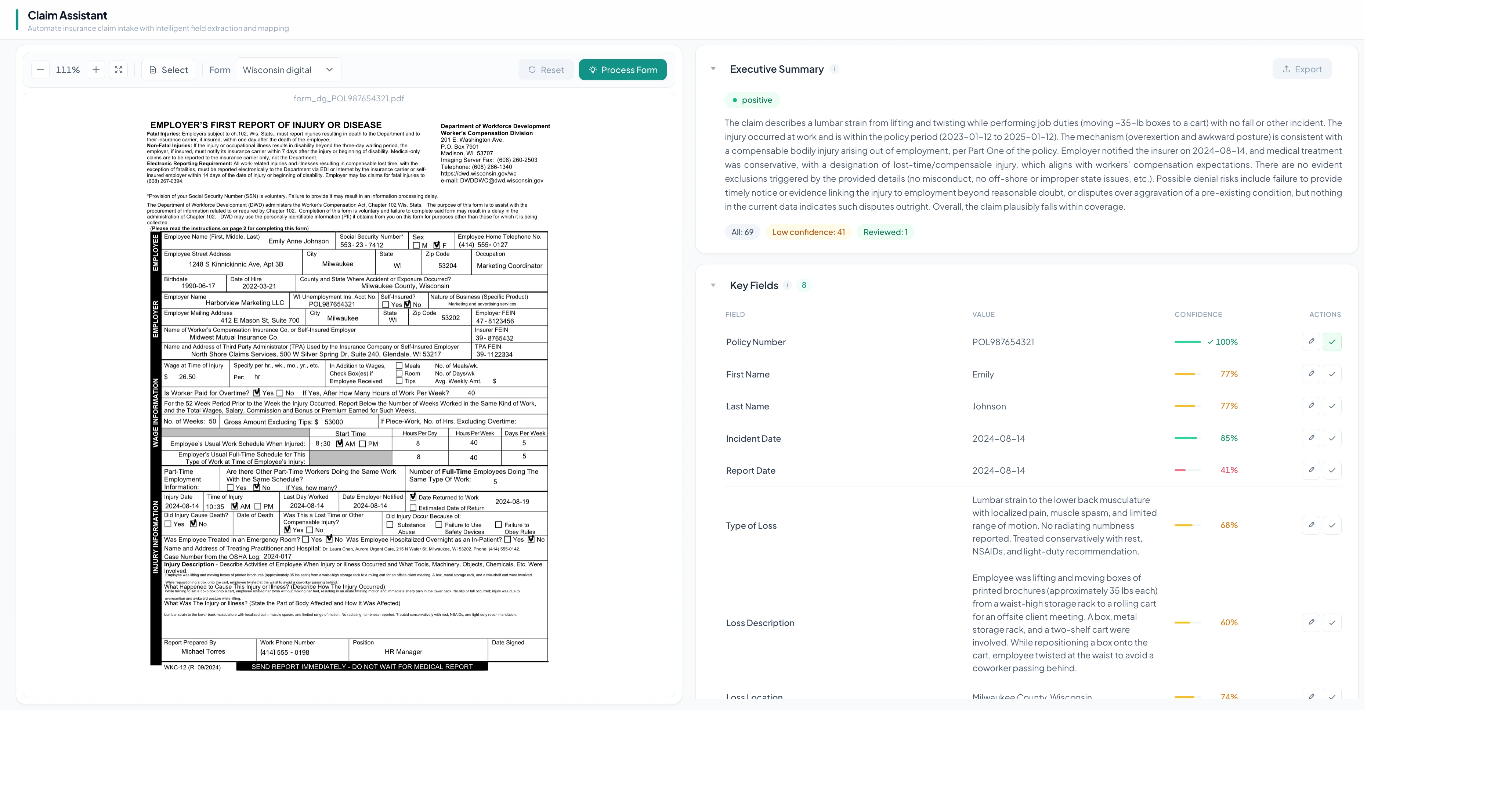 Claim Assistant review interface processing a digital Wisconsin claim form